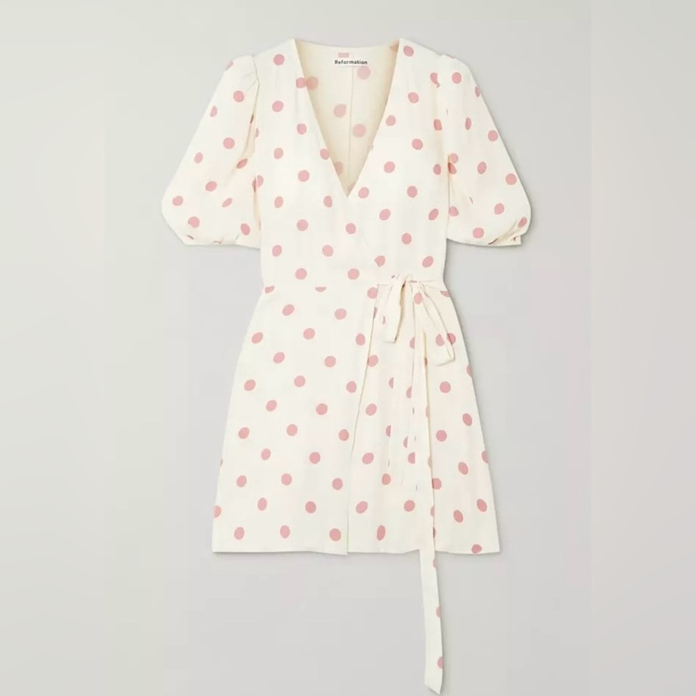 REFORMATION Olince Polka Dot Wrap Mini Dress (Cream Pink Crepe)